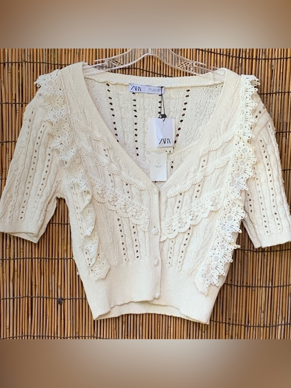 ZARA Cream Crochet-lace Trim Knit Crop Cardigan Top